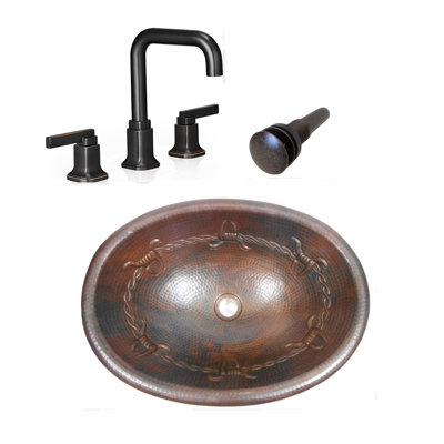 19" Oval Copper Bath Sink Barbed Wire Design Matching Faucet & Drain Included