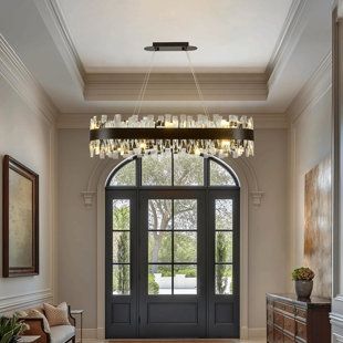 35.4 Inch Dimmable Modern Rectangle Chandelier, Gold Metal Frame with K9 Crystal Pendant Light