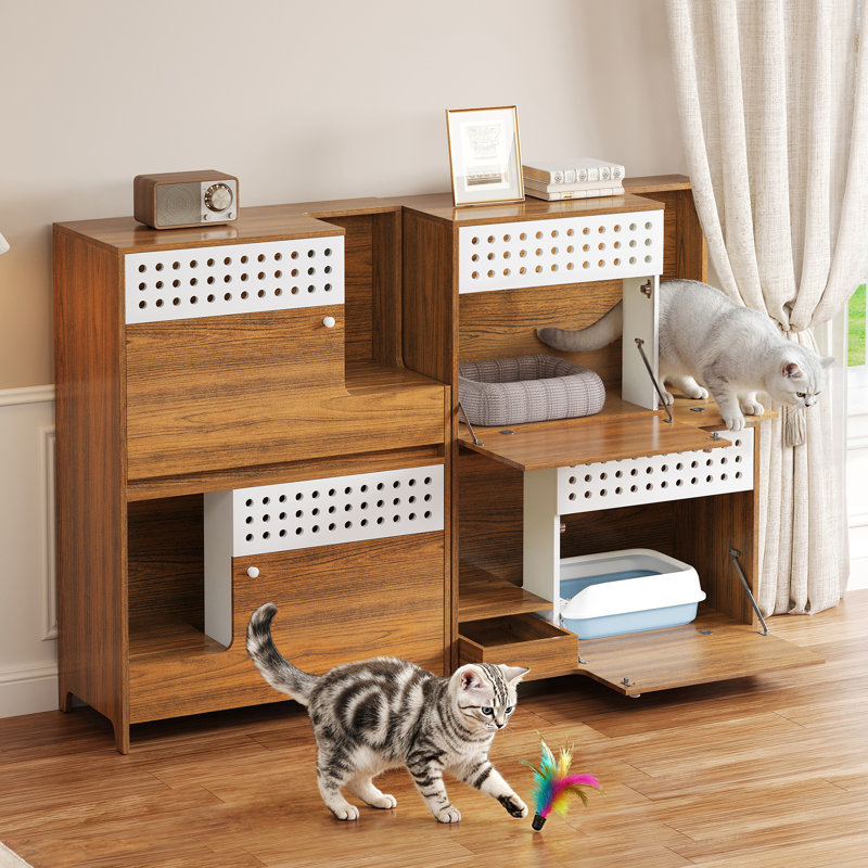 Meuble pour chat moderne 2-en-1 - Enceinte cachée pour litière, table d'appoint avec tiroir de rangement pour petits et moyens chats, maisonnette d'intérieur pour chat, multi-chats