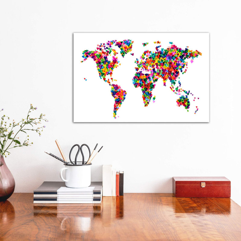 World Map Hearts Multicolor by Michael Tompsett - Print on Canvas, Wrapped Canvas, 66.04 cm H x 45.72 cm W, White/Red/Green