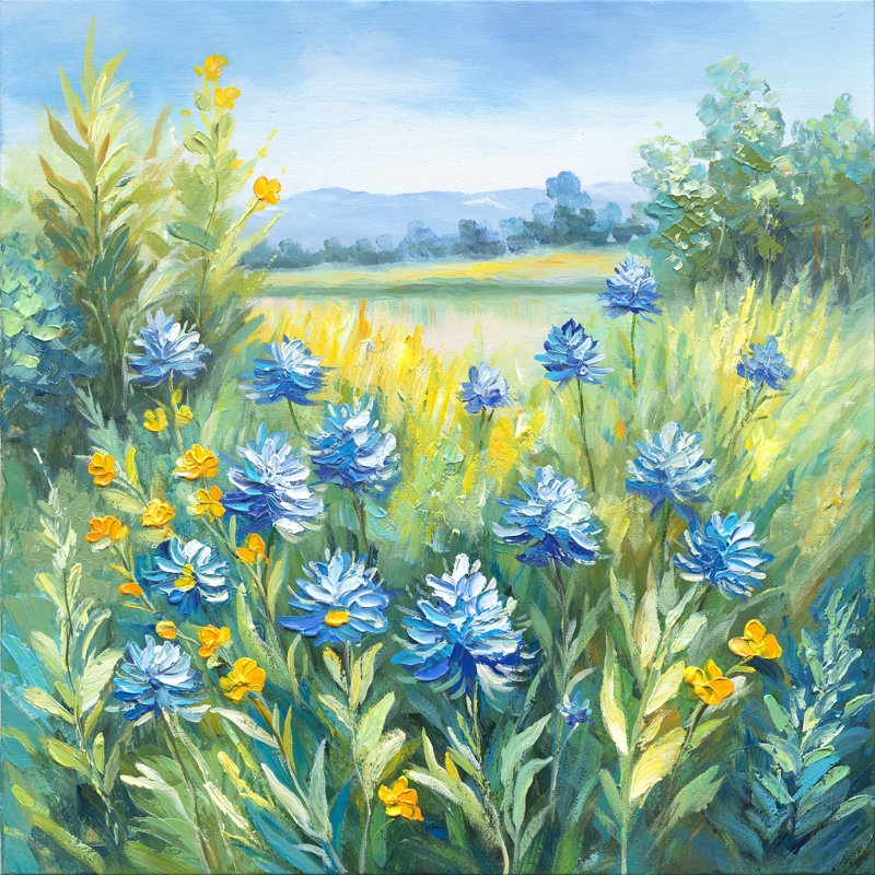 Art mural sur toile bleu vif et fleurs sauvages dans un champ ensoleillé, H 12 po x l 12 po x P 1 po
