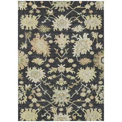 10' X 14' Black And Ivory Floral Washable Indoor Outdoor Area Rug