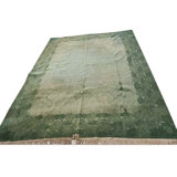 Minimalist Antique Green Wool Pile Chinese Room Size Art Deco Rug