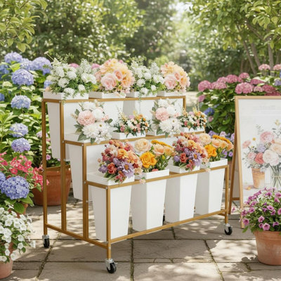 Présentoir à fleurs fait avec roues, chariot à fleurs à 3 niveaux avec 12 seaux pour fleuriste, mariage, décoration de jardin, chariot mobile robuste