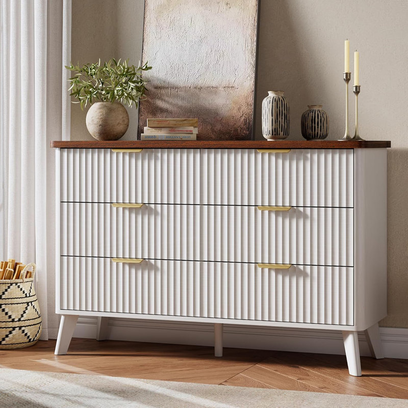 Commode cannelée à 6 tiroirs profonds, commode de 47,2 po de hauteur avec plateau en faux marbre, Blanc