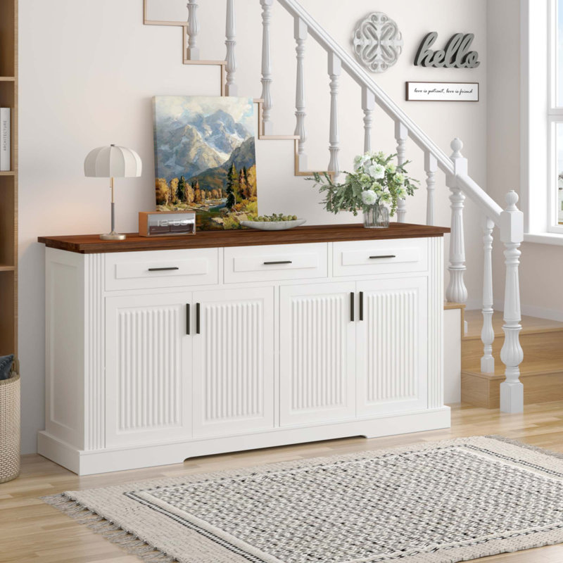 63" Fluted Sideboard Buffet Cabinet With Storage, White