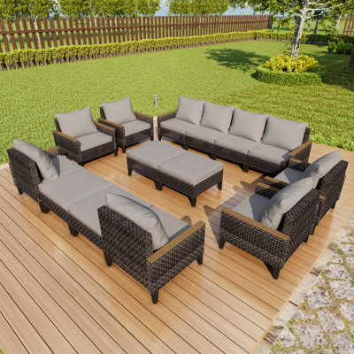 14 Pieces Patio Furniture Set, Wicker Rattan Outdoor Conversation Sets With 4 Ottomans (Gray Cushions)