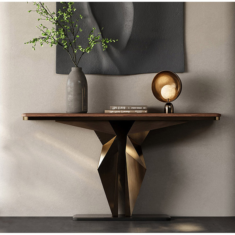 Console Art Deco en noyer noir avec base géométrique en acier inoxydable, H 33,46 po x l 54,33 po x P 13,78 po