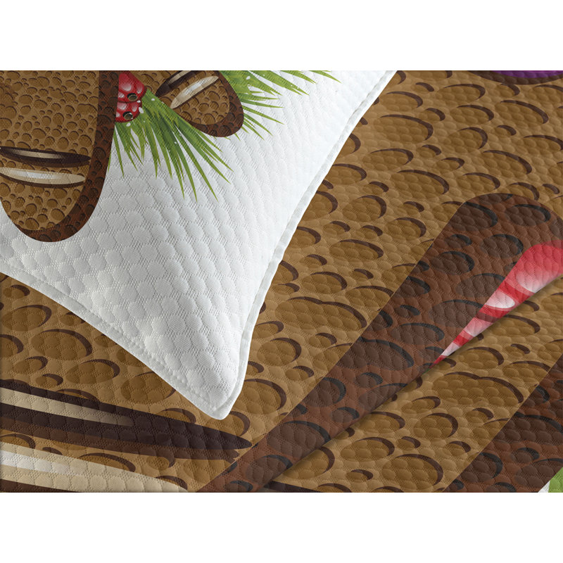 White Quilted Queen Bedspread Set with Gingerbread Man Design