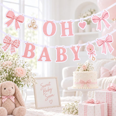 Oh Baby Coquette Baby Shower Banner, Bow and Pearl Cardstock Garland