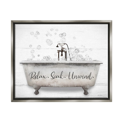 Relax Soak Unwind Bathtub Bubbles Gray Framed Floater Canvas Wall Art by Lori Deiter