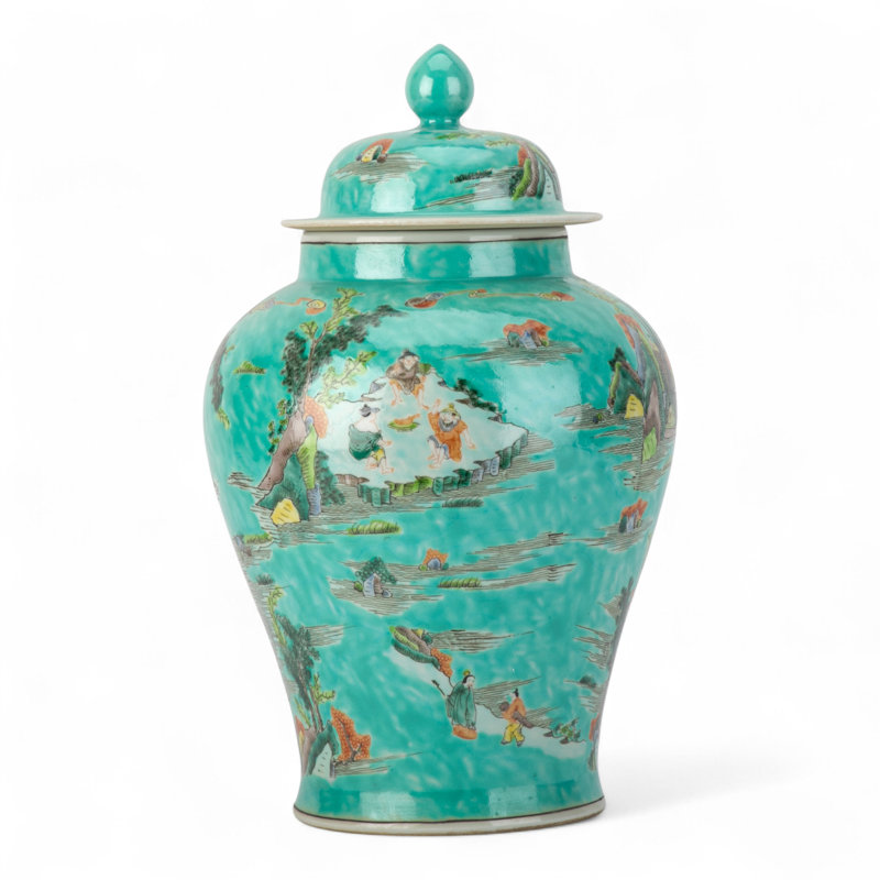 Turquoise Scenic Lidded Jar