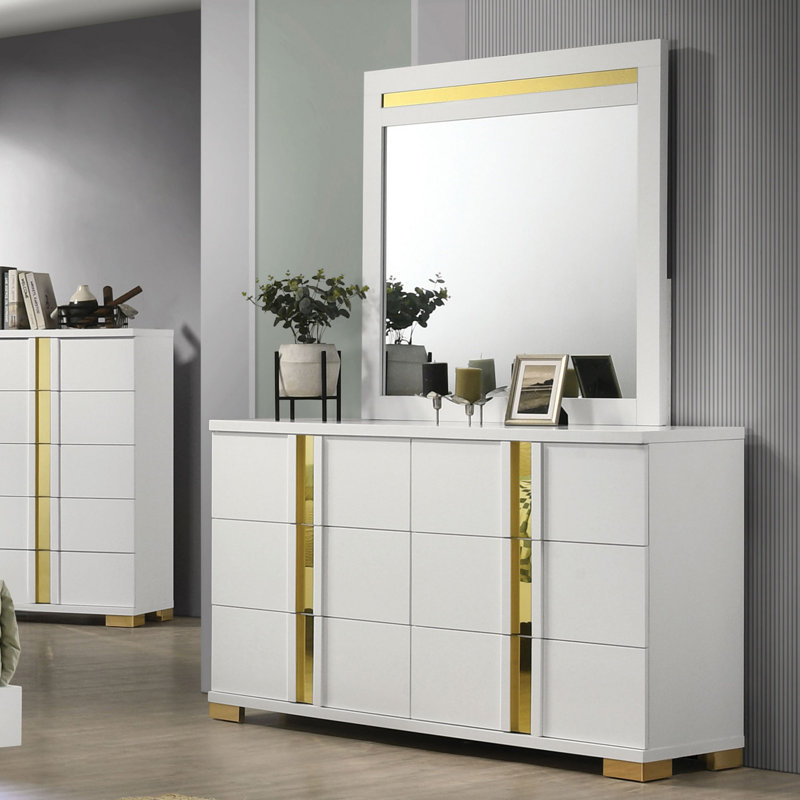 Commode 6 tiroirs avec miroir Riegel, Blanc / Doré