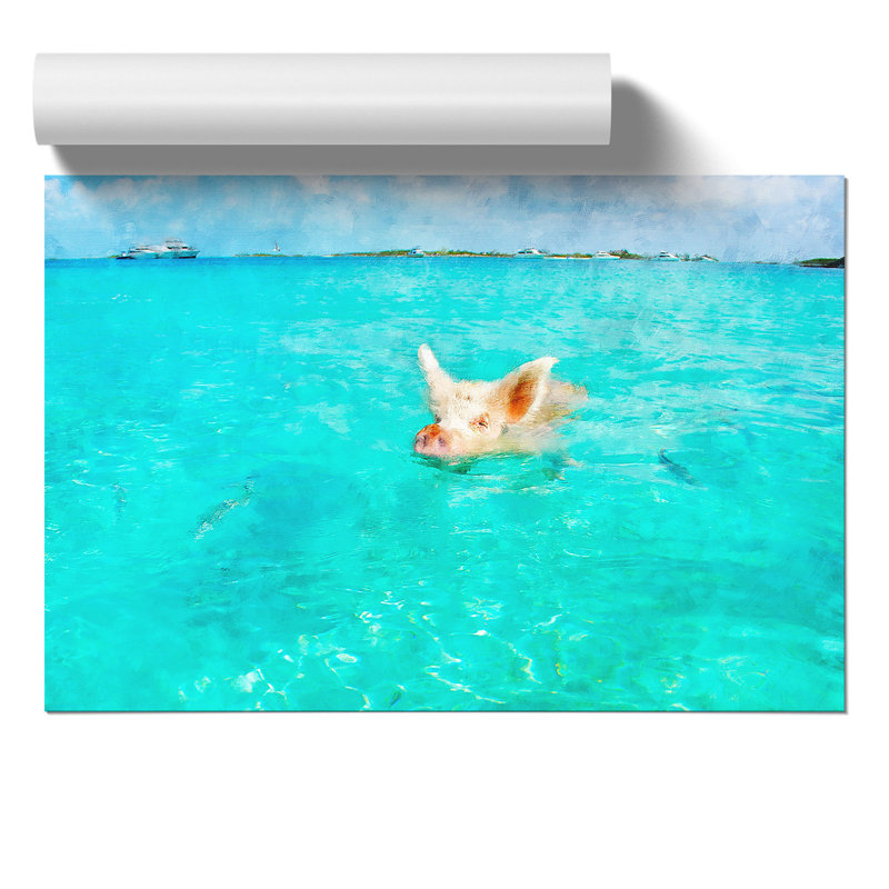 Swimming Pig Painting - Frameless Print, 21cm H x 30cm W x 0.1cm D