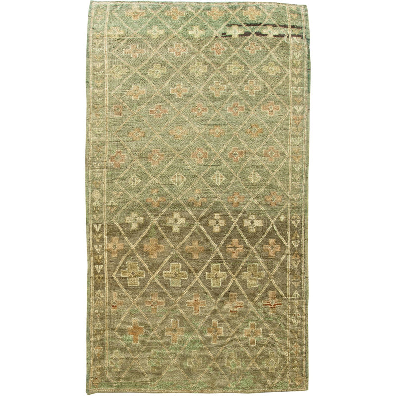 Tapis marocain rétro en laine 5 pi 9 po x 11 pi avec motif géométrique tribal sur fond vert clair / brun / beige