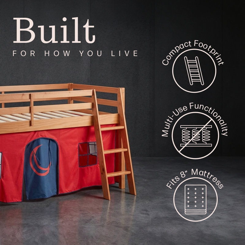 Roxy Twin Wood Junior Loft Bed - Cinnamon Frame with Red and Blue Bottom Tent, Cinnamon, Red/Blue