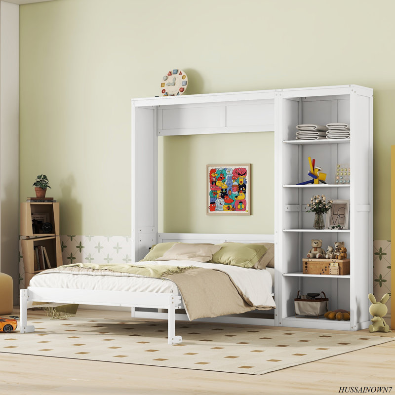 Murphy Bed Wall Bed With Shelves, White, Queen