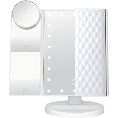 Miroir de maquillage avec miroir grossissant 1 x 2 x 3 x 10 x, miroir de maquillage éclairé, commande tactile, meuble-lavabo portable à trois lumières DEL, deux modes d'alimentation, blanc