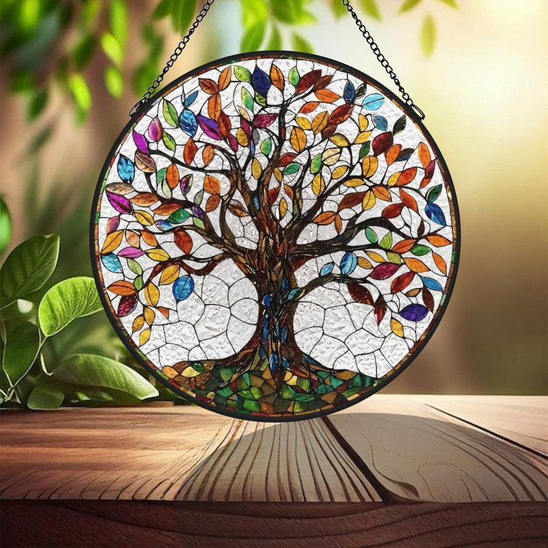 Vitrail arbre de vie vitrail pour fenêtre, 6,3 x 6,3 po (16 x 16 cm)