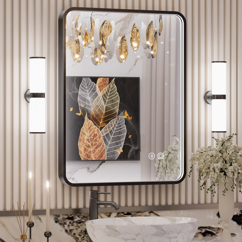 Miroir de salle de bain avec cadre en aluminium et éclairage à DEL, 32 po x 24 po, Noir