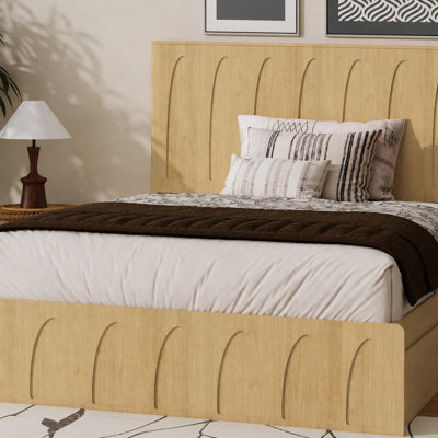 Storage Platform Bed with Curved Groove Headboard, Natural Wood Look Bed Frame with Side Drawers, Wood Slat Support, No Box Spring Needed