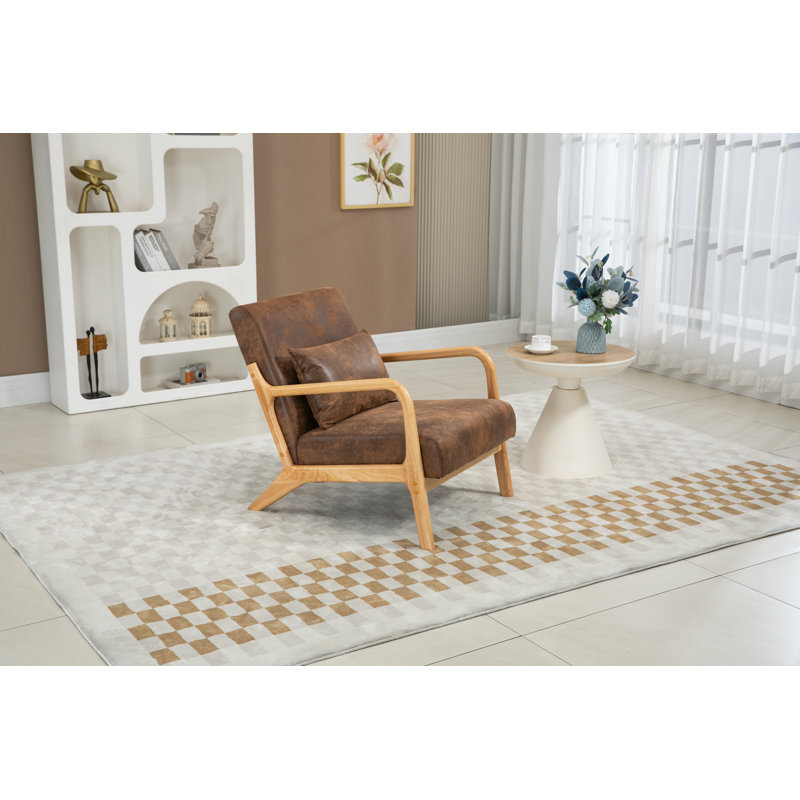 Chaise d'appoint Mid-Century moderne avec structure en bois, Tissu brun, Naturel