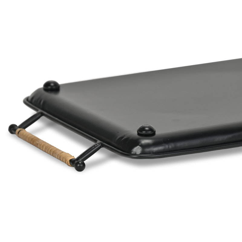 Syla Black Metal Tray with Wicker Wrapped Handles, 1.75" H x 18" W x 11.25" D