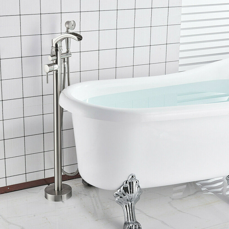 Robinet de baignoire de salle de bain autoportant à deux poignées et fixation au sol avec douche à main, Nickel brossé