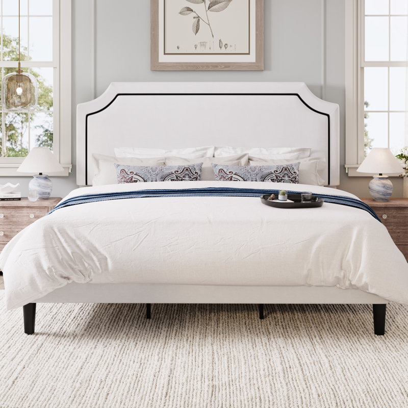 Modern Upholstered Platform Bed Frame With Adjustable Headboard, White Velvet, King