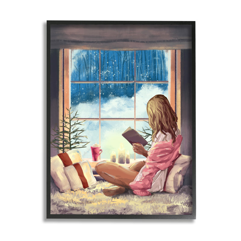 Fille lisant par une fenêtre d'hiver enneigée, Giclée encadrée noir minuit, H 20 po x l 16 po