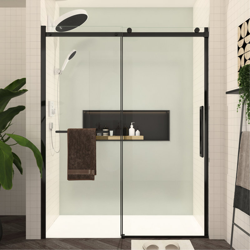 56 - 60"W X 76"H Glass Shower Door, Tempered Build, Matte Black Fixtures, Smooth Sliding Motion, Easy Maintenance Coating, Bathroom Upgrade Idea Door Enclosure, 76"H, Glass, Hinges, Track, Clean