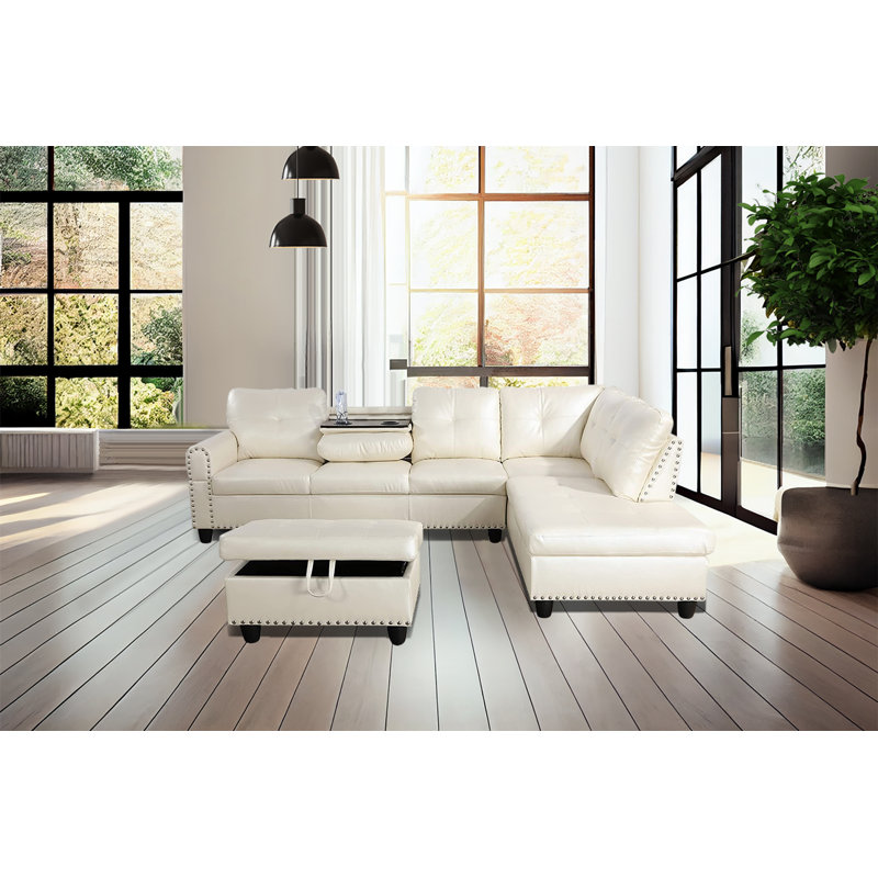 Aamanah 97"Faux Leather Sectional with Ottoman, Right Hand Facing, White Faux Leather