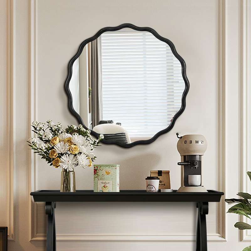 " wood wavy vanity mirror | modern wall decor for bathroom, bedroom, living room, dining room, cloakroom & entryway, Black