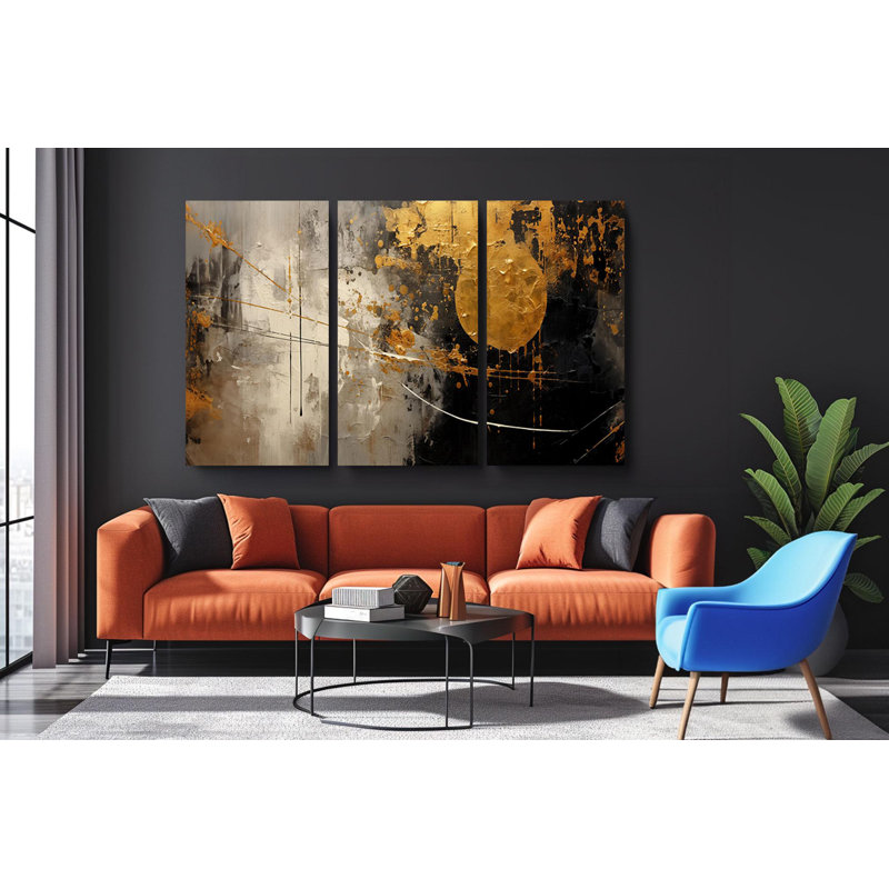 «Triptych», art mural sur toile triptyque abstrait doré et noir - peinture texturée moderne - grande décoration élégante, reproduction de peinture