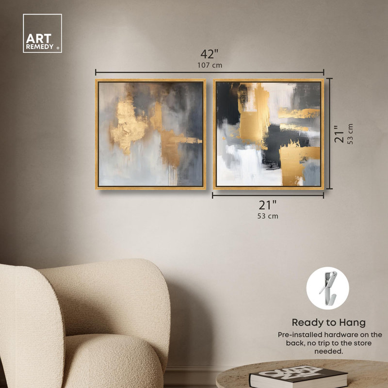 «Gilded Tranquil Abstract Art», ensemble de 2 panneaux sur toile par , H 21 po x l 21 po, Doré