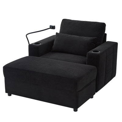 Modern 42.5" Multifunctional Chaise Lounge Armchair With Movable Storage Ottoman, USB Ports, Cup Holders, Phone Holder & Side Pockets by Ivy Bronx