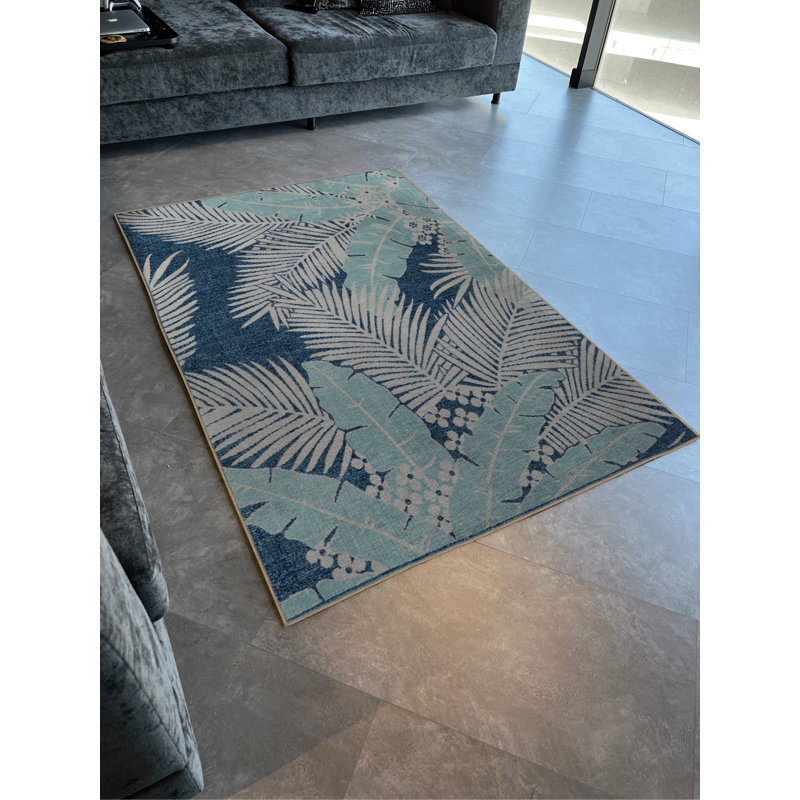 Tapis décoratif bleu à motif floral multicolore, Rectangle 3 pi 11,24 po x 5 pi 10,87 po