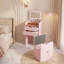 Ensemble de meuble-lavabo 3 en 1 avec miroir HD et 3 lumières DEL réglables, 2 tiroirs coulissants et tabouret de rangement caché, coiffeuse peu encombrante, rose-2038741845