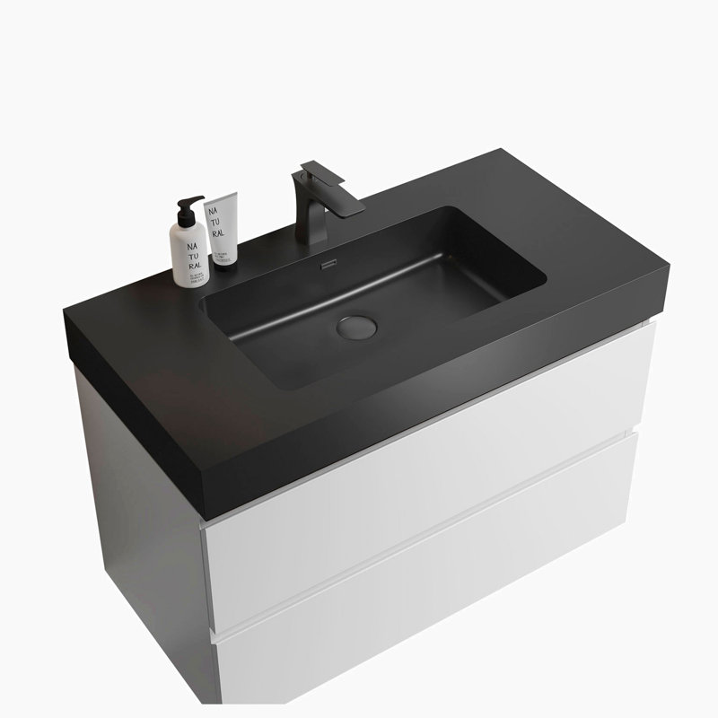 Meuble-lavabo simple 35,8 po avec plateau Atqiya, Blanc, Noir