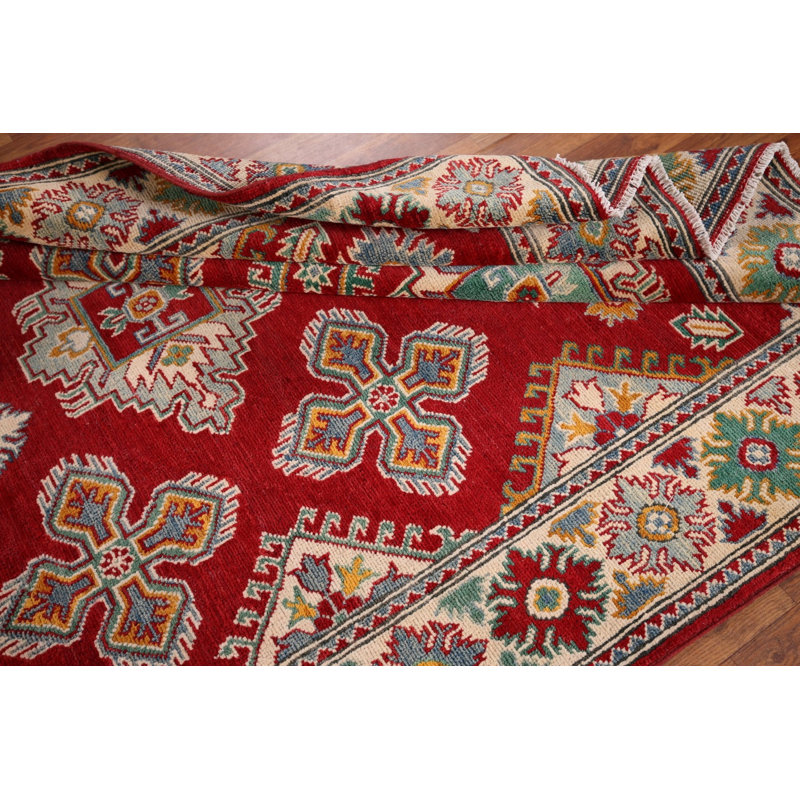 Tapis rouge Kazak à motif géométrique rouge 5 x 7