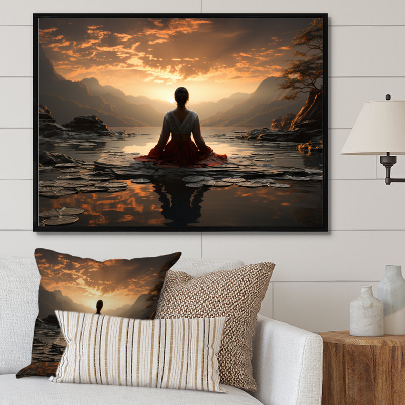 «Black Peach Meditation Eernal Now», reproduction d'art sur toile encadrée, H 34 po x l 44 po x P 1,5 po, Cadre flottant noir