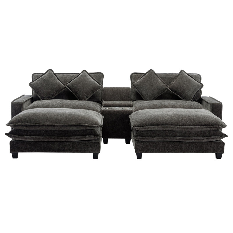 111" Sectional Sofa Chenille Upholstered Sofa With Two Removable Ottoman, Gray Chenille