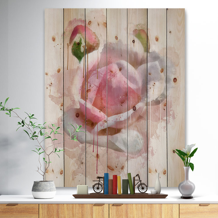 Winston Porter Pink Rose Flower With Paint Splashes On Wood Painting ...