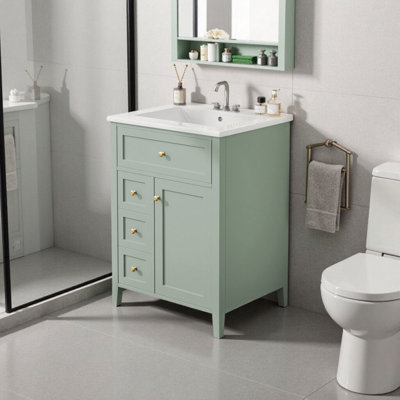 Meuble-lavabo moderne de 24 po avec rangement, panneau de fibres à densité moyenne et bois d'hévéa, finition brillante