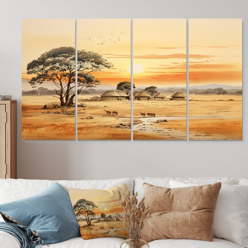 4 pièces d'art mural beige, paysage africain safari, H 28 po x l 48 po