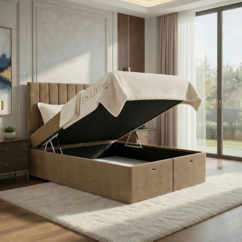 Upholstered Ottoman Bed, Beige, King