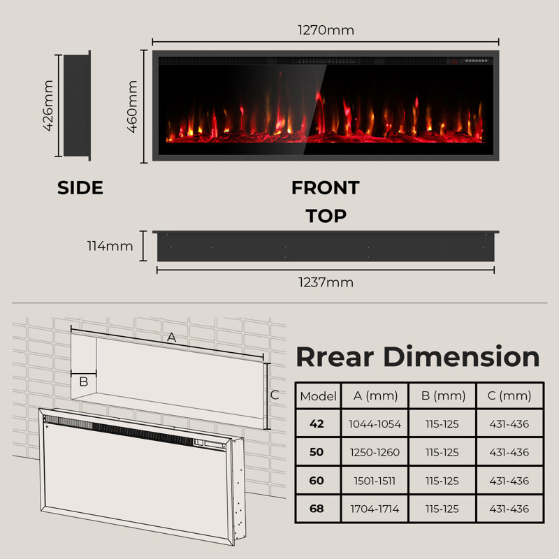 Electric Fireplace, Wall Mounted/Recessed/Freestanding Fire Heater, 46cm H x 152cm W x 11cm D