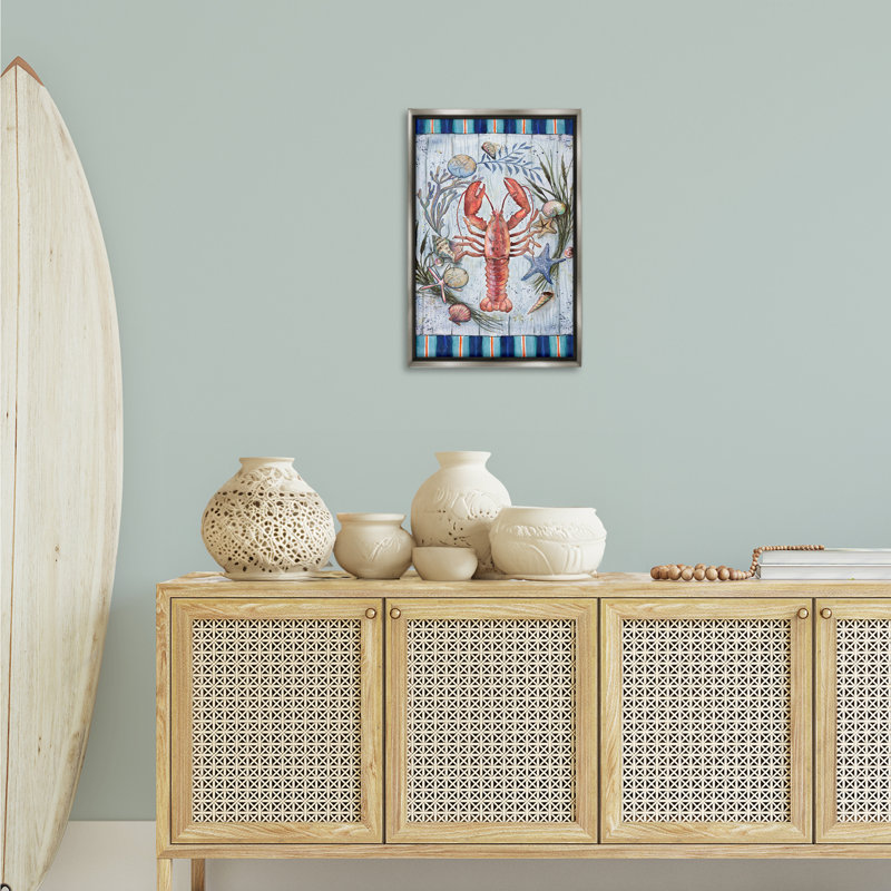 «Coastal Wreath & Lobster» par Geoff Allen, H 25 po x l 17 po, Cadre flottant gris lustré