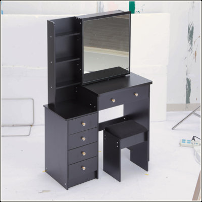 37" Middle Size Left Bedside Cabinet Vanity Table + Cushioned Stool, Extra Large Right Sliding Mirror, Multi Layer High Capacity Storage, Practical Fashionable Dresser, Suitable For Middle Space