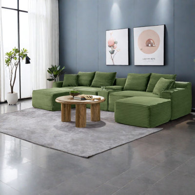 Modular Sectionals Sofa, Corduroy Comfort, Green U-shaped For Living Spaces